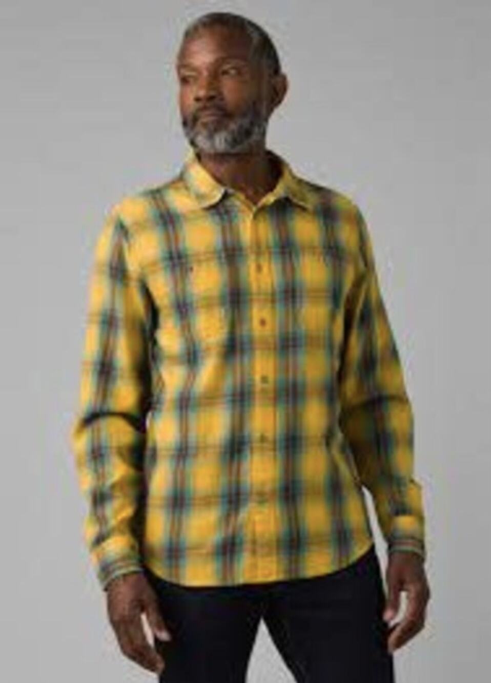 prAna Mens Dolberg Flannel Shirt Small Tall Yellow Plaid Button Down NWT